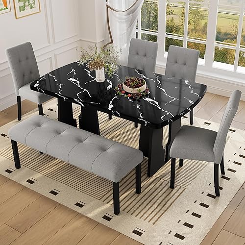 Vista 12 de P PURLOVE Moderno juego de mesa de comedor de 6 piezas, mesa de comedor de mármol sintético de madera de 63 pulgadas con patas geométricas, 4 sillas