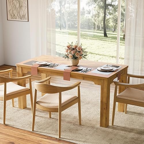 Miniatura 7 de LITTLE TREE Mesa de comedor de madera maciza de 63 pulgadas para 6, mesa de comedor rectangular de cocina con diseño geométrico modular de fieltro
