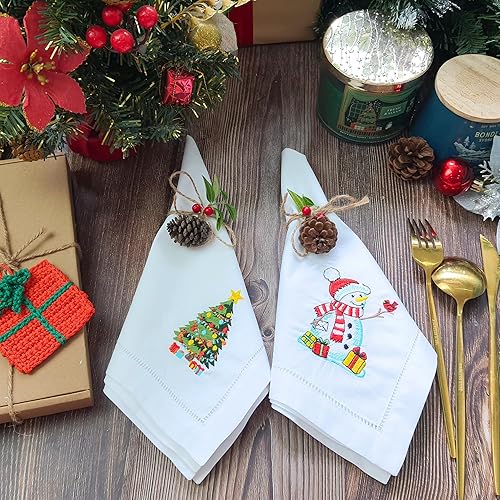 Miniatura 5 de Servilletas bordadas de algodón, juego de 4 servilletas de tela de 18 x 18 pulgadas, mezcla de muñeco de nieve y corona de laurel, servilletas de