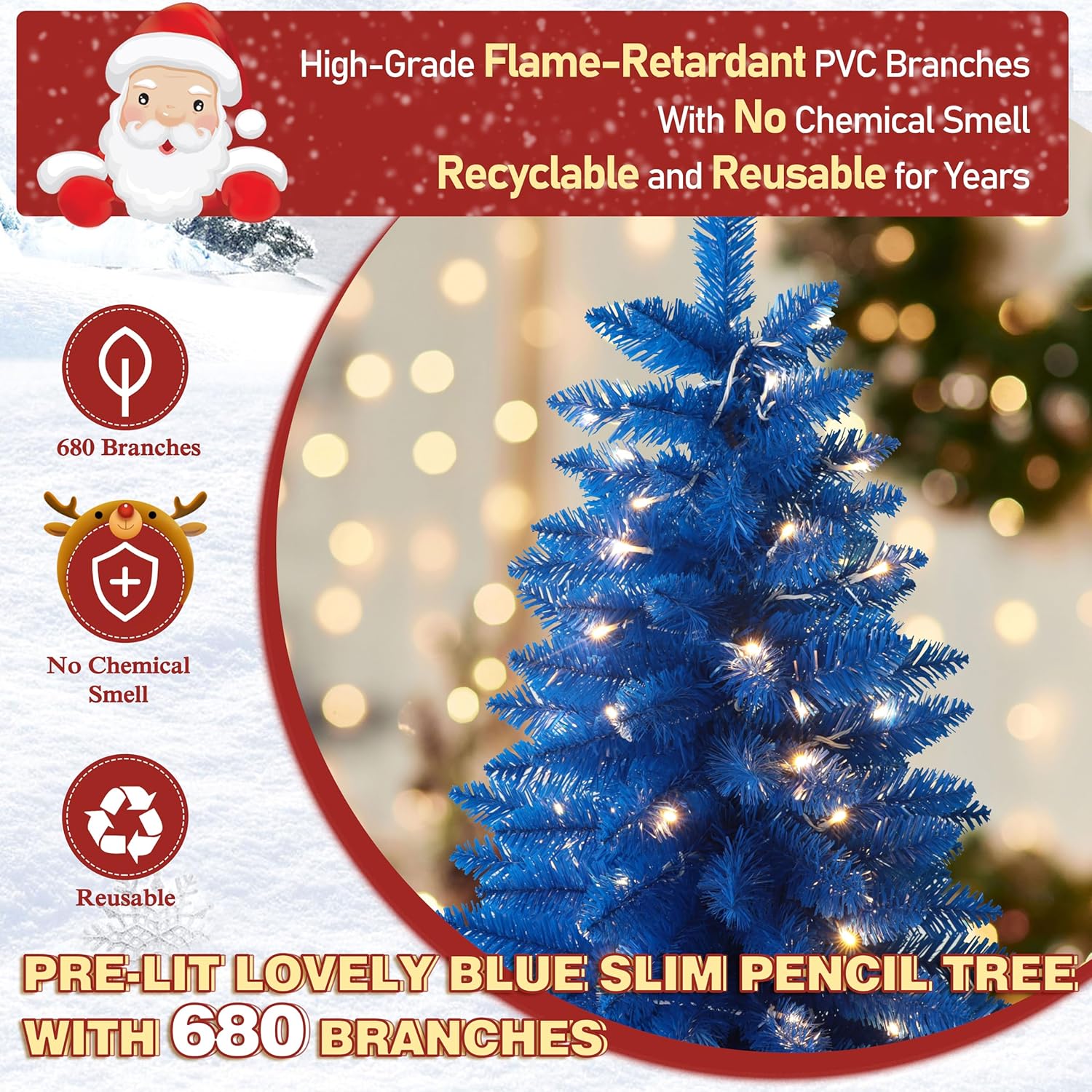 MUPATER Pencil Christmas Tree 6ft, Prelit Artificial Christmas Tree with Metal Stand, Slim Xtmas Tree with Warm White Lights, Xmas Decoration for Home, Office, Party, Indoors and Outdoors (Blue)