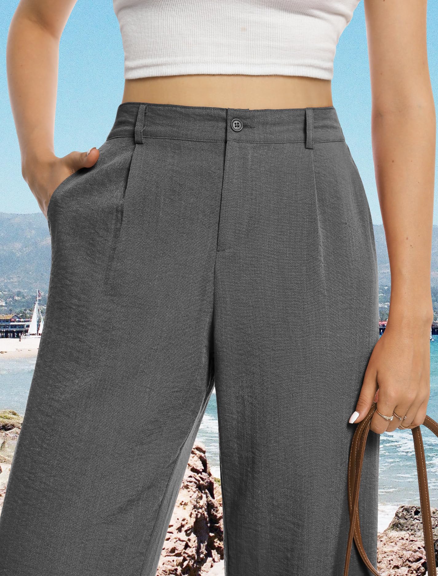 Feiersi Lässige Damenhose mit weitem Bein, hohe Taille, Knopfleiste, gerade, lange Hose, Palazzo-Hose
