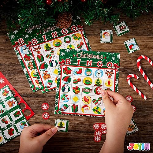 Miniatura 7 de JOYIN Juego de 28 jugadores de tarjetas de bingo de Navidad para niños, juegos de mesa de fiesta de Navidad, tarjeta de bingo de invierno, juegos de