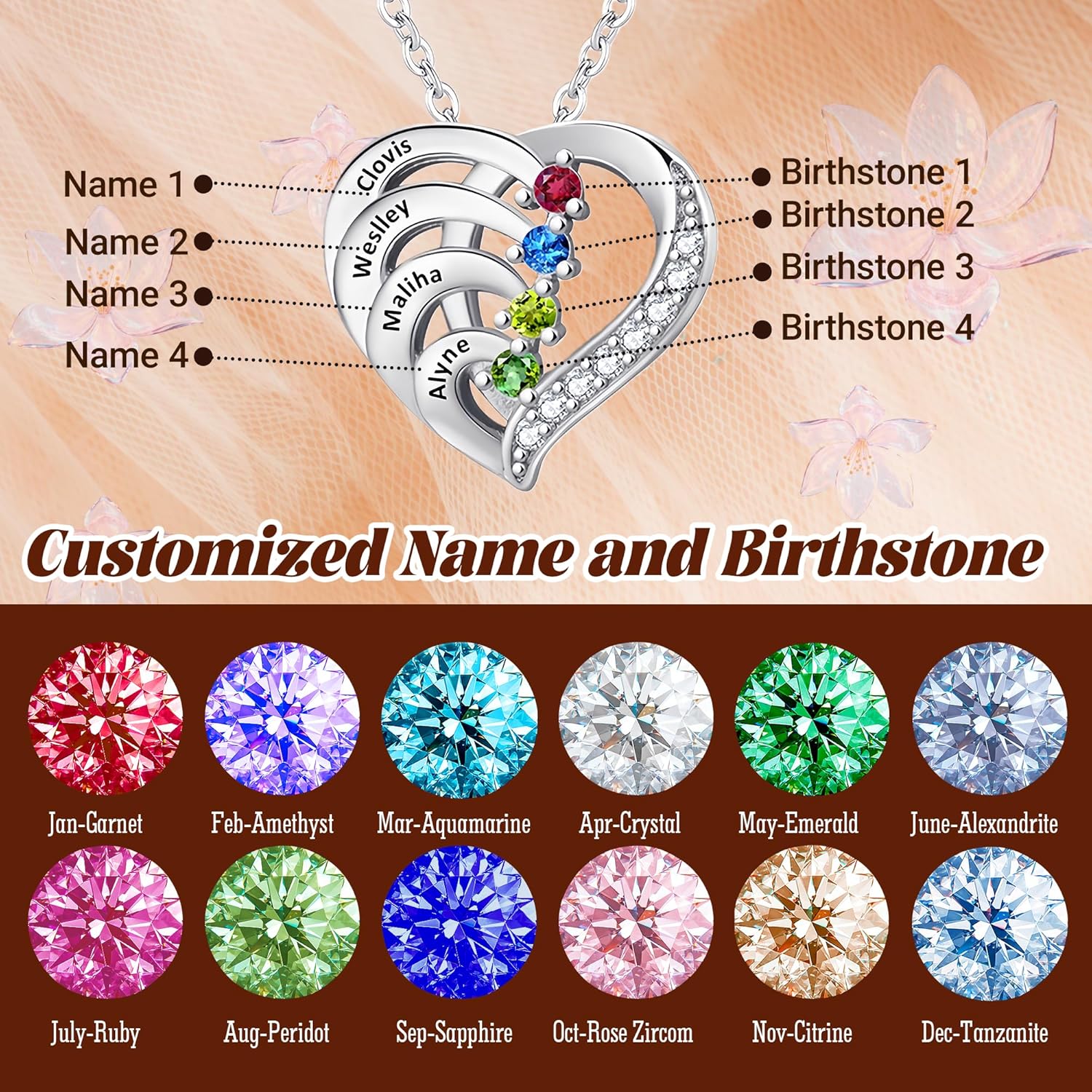 Personalized Name Mothers Necklace with 2-6 Birthstones Sterling Silver Mother Name Necklace for Women Mothers Day Christmas Her Mom Wife Grandma