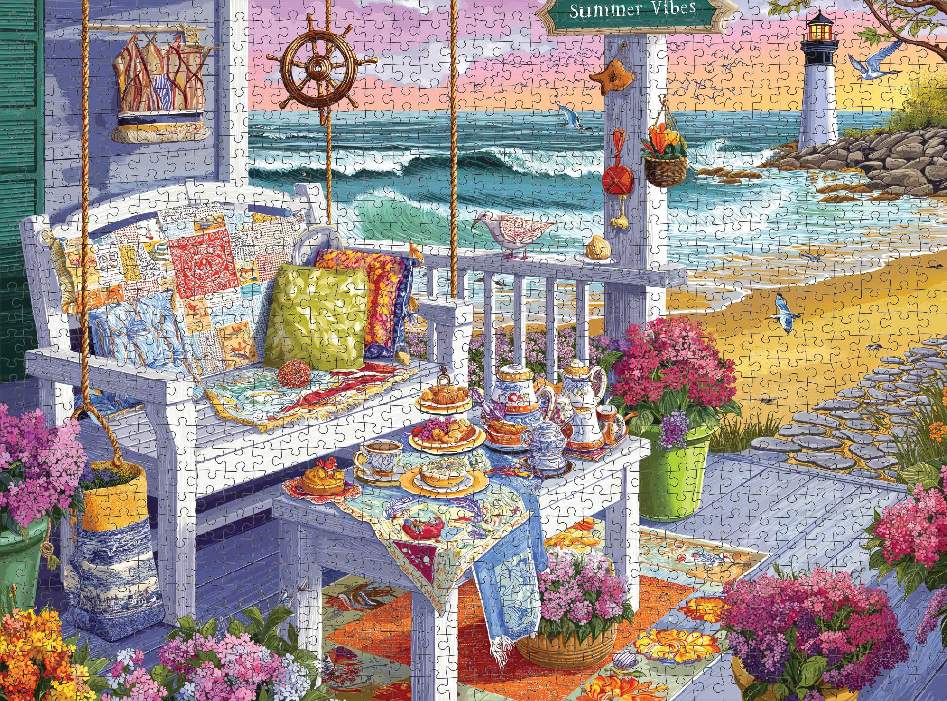 Cross & Glory – Tea at Tidelight – 1000 Piece Jigsaw Puzzle for Adults | Cozy Seaside Porch & Lighthouse Sunset Scene | Whimsical Coastal Puzzle