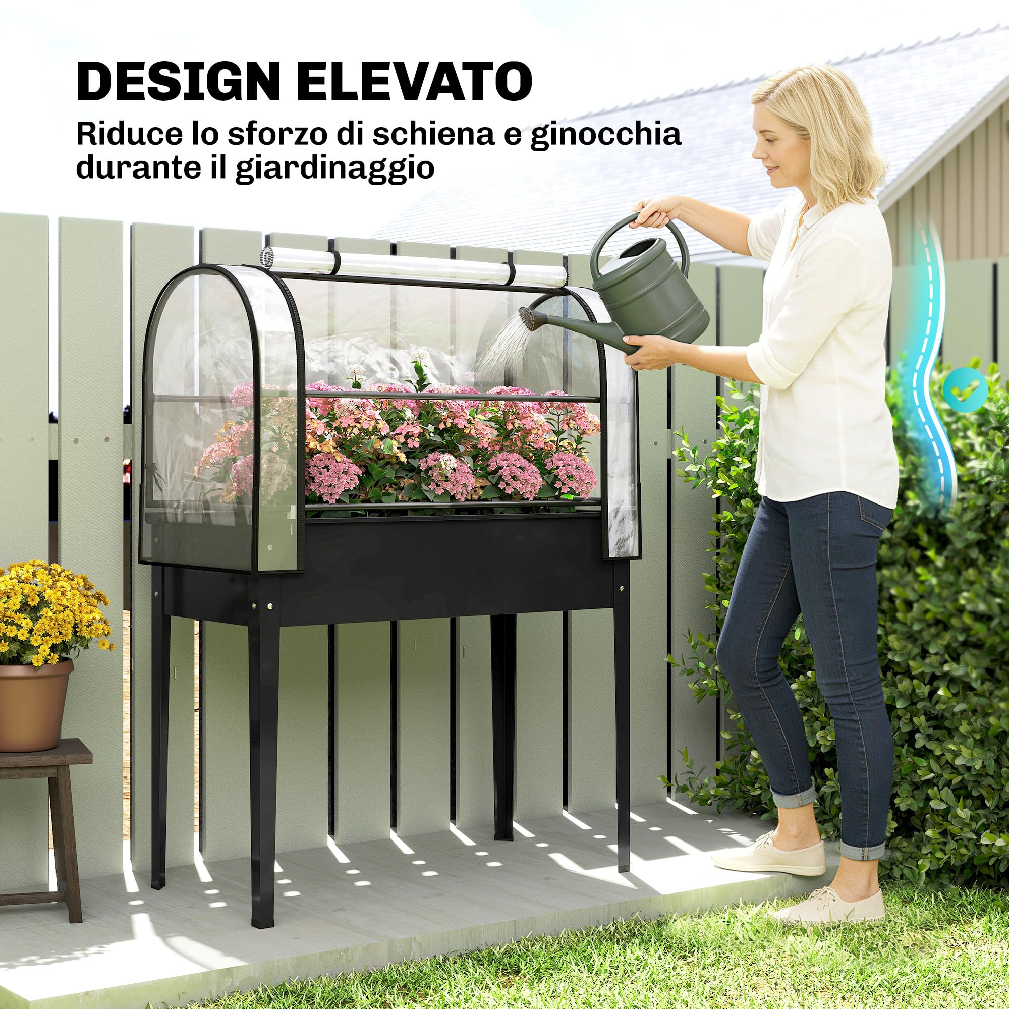 Outsunny Letto per Orto Rialzato con Serra Copertura Protezione, Fioriera da Esterno Rialzata in Metallo con Foro di Drenaggio, per Piante, Fiori, Verdure, Giardino Terrazza Balcone, Nero