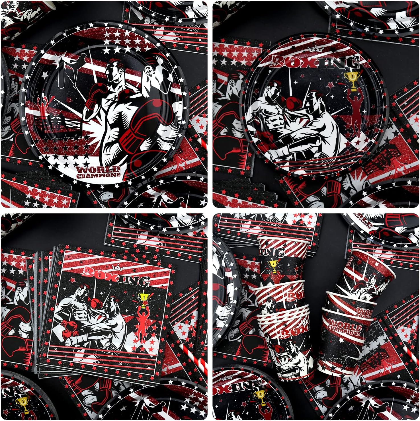 KEFAN Boxing Party decorations, Boxing birthday Party Supplies Packs, Fight Sports Wrestling Party Supplies including HAPPY BIRTHDAY Banner, Plates, Balloons, Boxing Party Set Serves 20 (Banner)