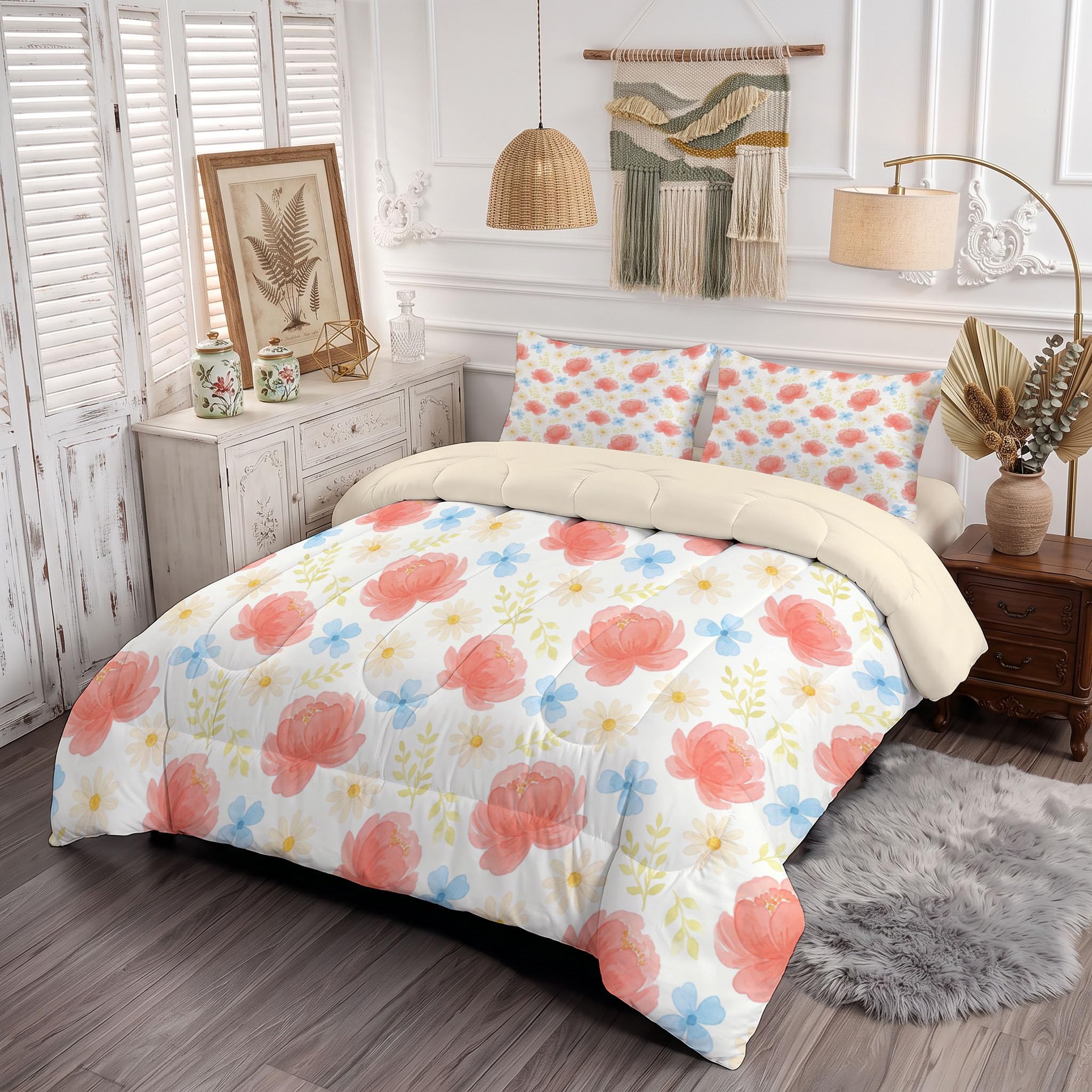 Trapunta Romantico Motivo Floreale Ad Acquerello, Piumino Singolo 4 Stagioni | 140X200 Cm Con Federa 50X80, Piumone Leggero In Microfibra, Trapunta Reversibile Piante Rurali, Persia