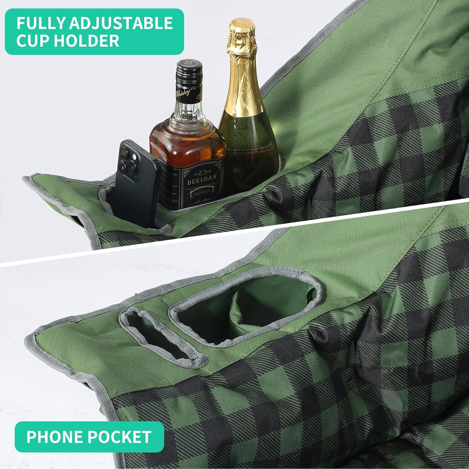 Oversized Double Camping Chair Heavy Duty Padded Double Folding Chair with Cup Holders & Carry Bag Foldable 2 Person Camping Chairs Outdoor Portable Couch for Lawn, Sports - Supports 900LBS Green