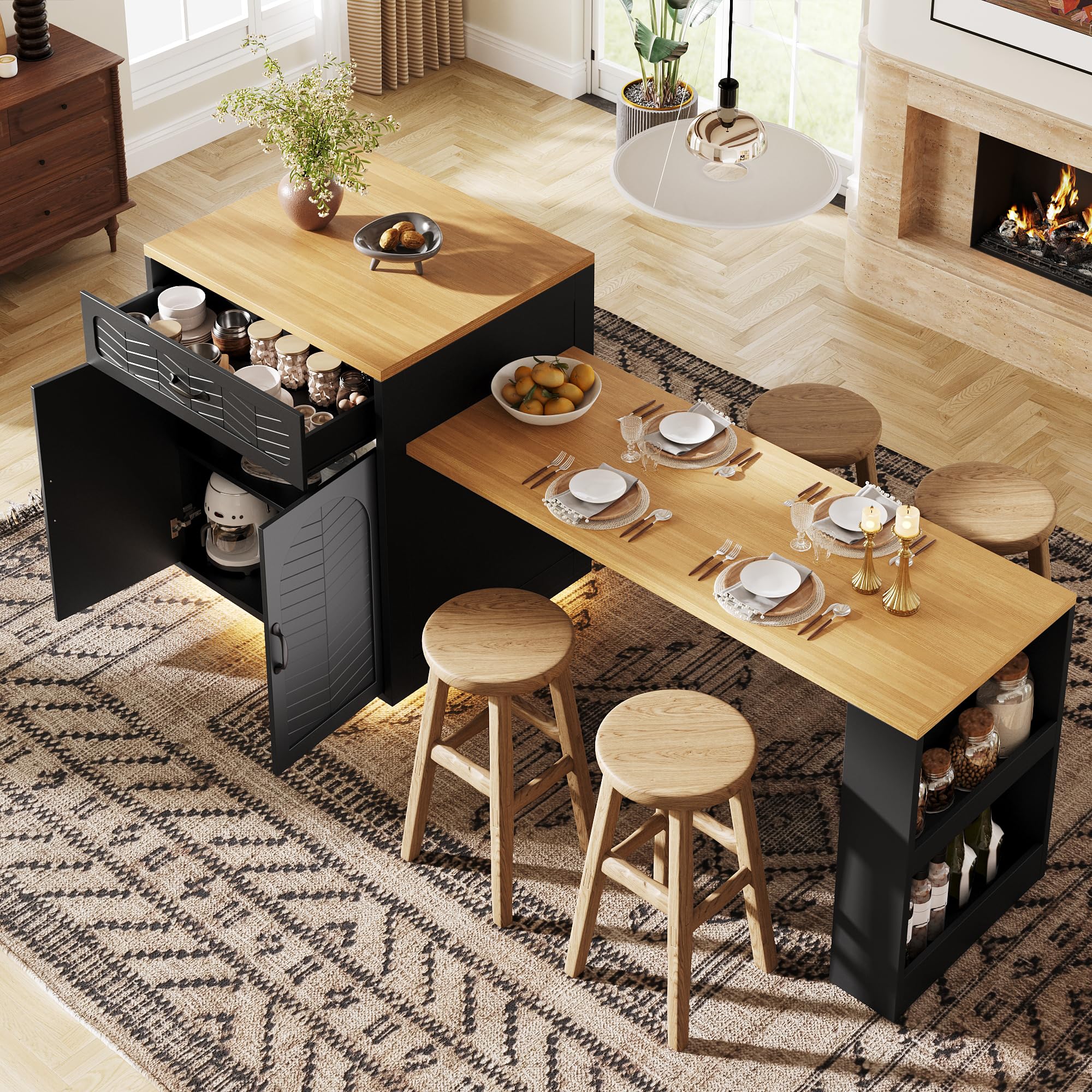 BTM Kitchen Island with Dining Extendable Table for 4-6 Breakfast Bar Table with Drawers, Wine Rack&LED Storage Cabinet Black