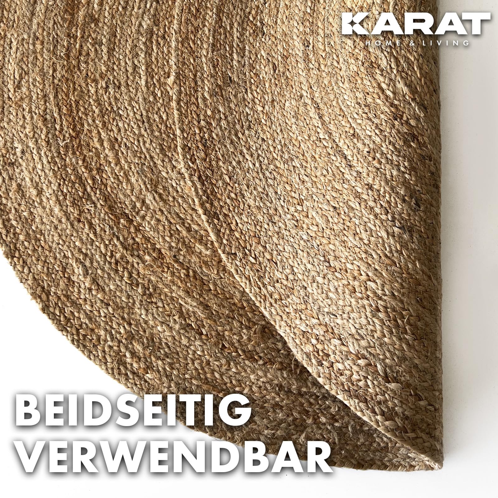 KARAT Jute Teppich rund 200cm Ø Bastteppich aus 100% Naturfaser - geflochten Boho Juteteppich, Handgewebter Naturteppich für Küche & Wohnzimmer robust & reißfest (Surat)
