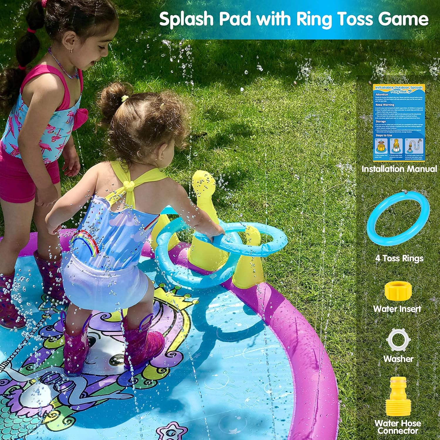 GINMIC Splash Pad,68 Inch Sprinkler Splash Pad Toys for Dogs and Kids, Inflatable Wading Pool Kids Sprinkler Play Mat with Funny Ring Toss Game, Summer Outdoor Water Toys for Toddlers