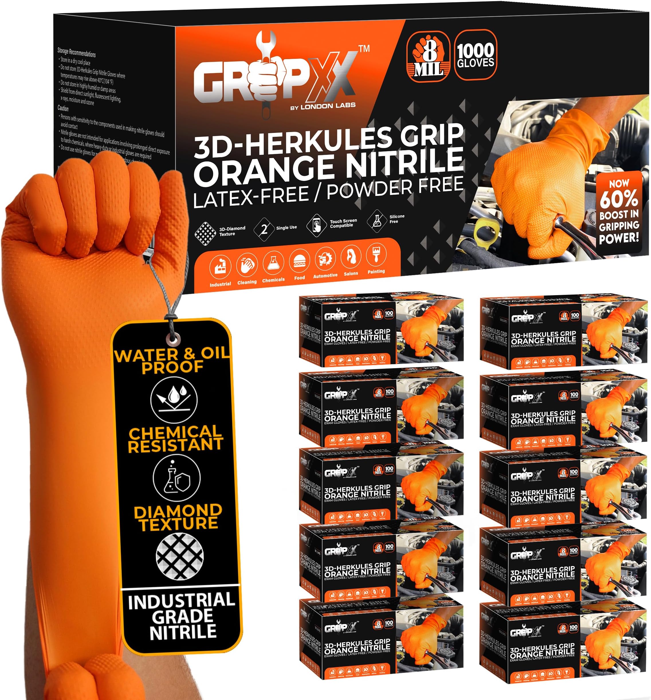 GRIPXX Herkules Grip Heavy Duty 8Mil Orange Nitrile Gloves,3D Raised Diamond Texture-Latex & Powder Free-Industrial, Mechanic (10, X-Large)