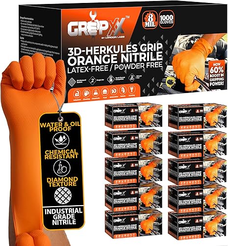 Herkules Grip - Guantes de nitrilo naranja resistentes de 8 mil, textura de diamante elevado en 3D, sin látex y polvo, industriales, mecánicos (10,