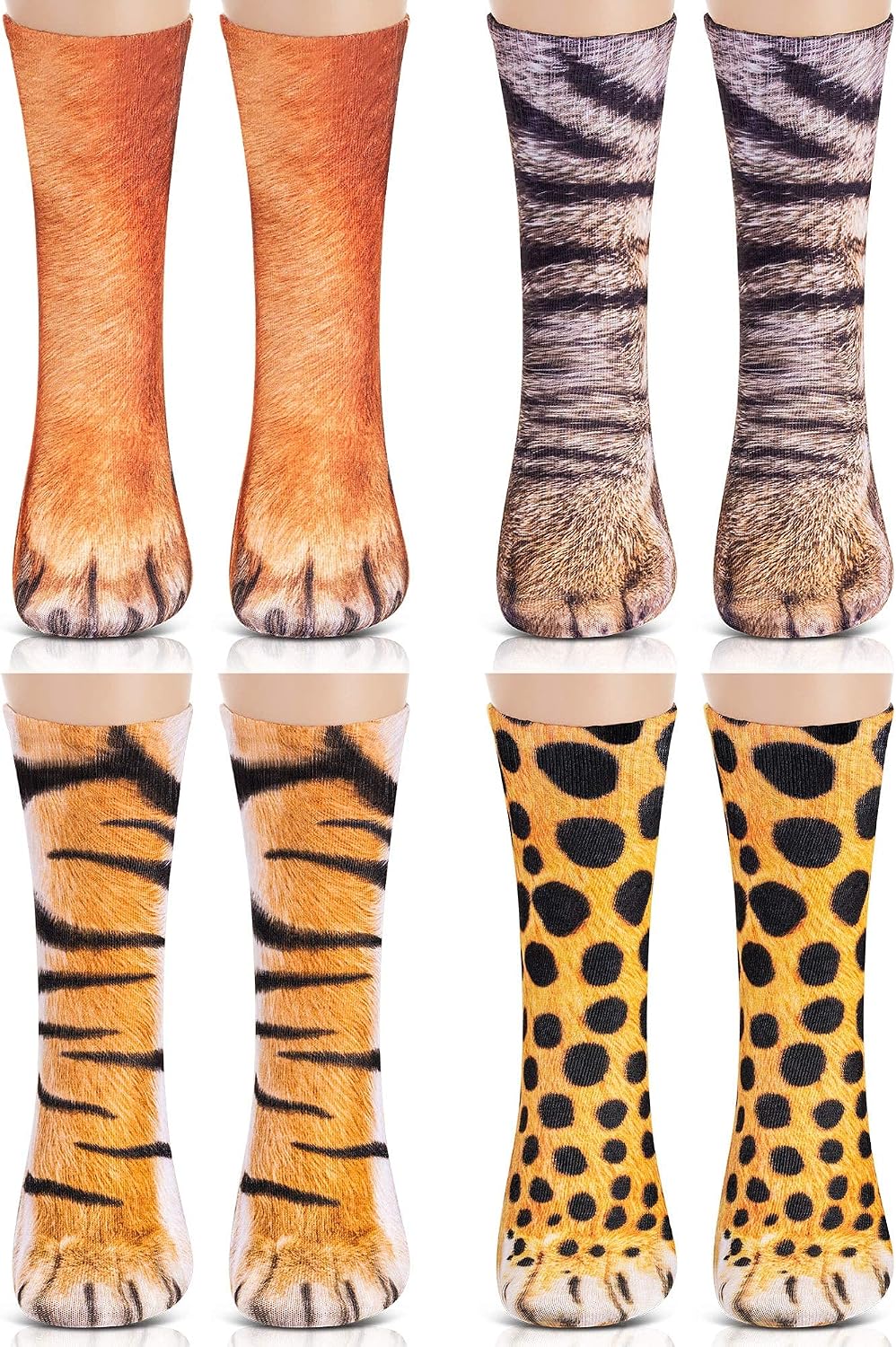4 Pairs 3D Animal Paws Socks Novelty Animal Socks 3D Printed Cat Tiger Dog Paw Crew Socks