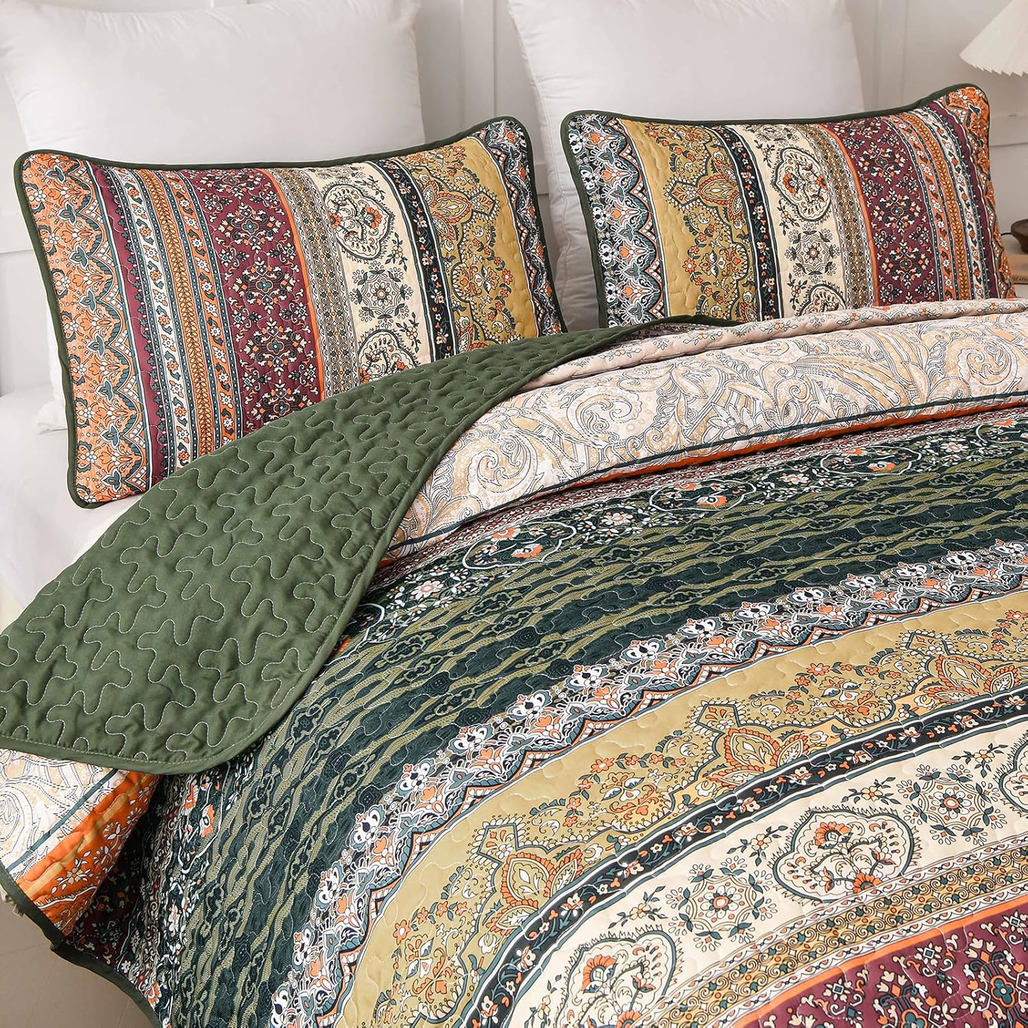 WONGS BEDDING Boho King Quilt Set, Green and Orange Bohemian Quilt Bedding Set, Fall Lightweight Bed Decor Bedspread for All Season Reversible Microfiber Coverlet Bedding Set 103"x90"(3 Pieces) - Image 5