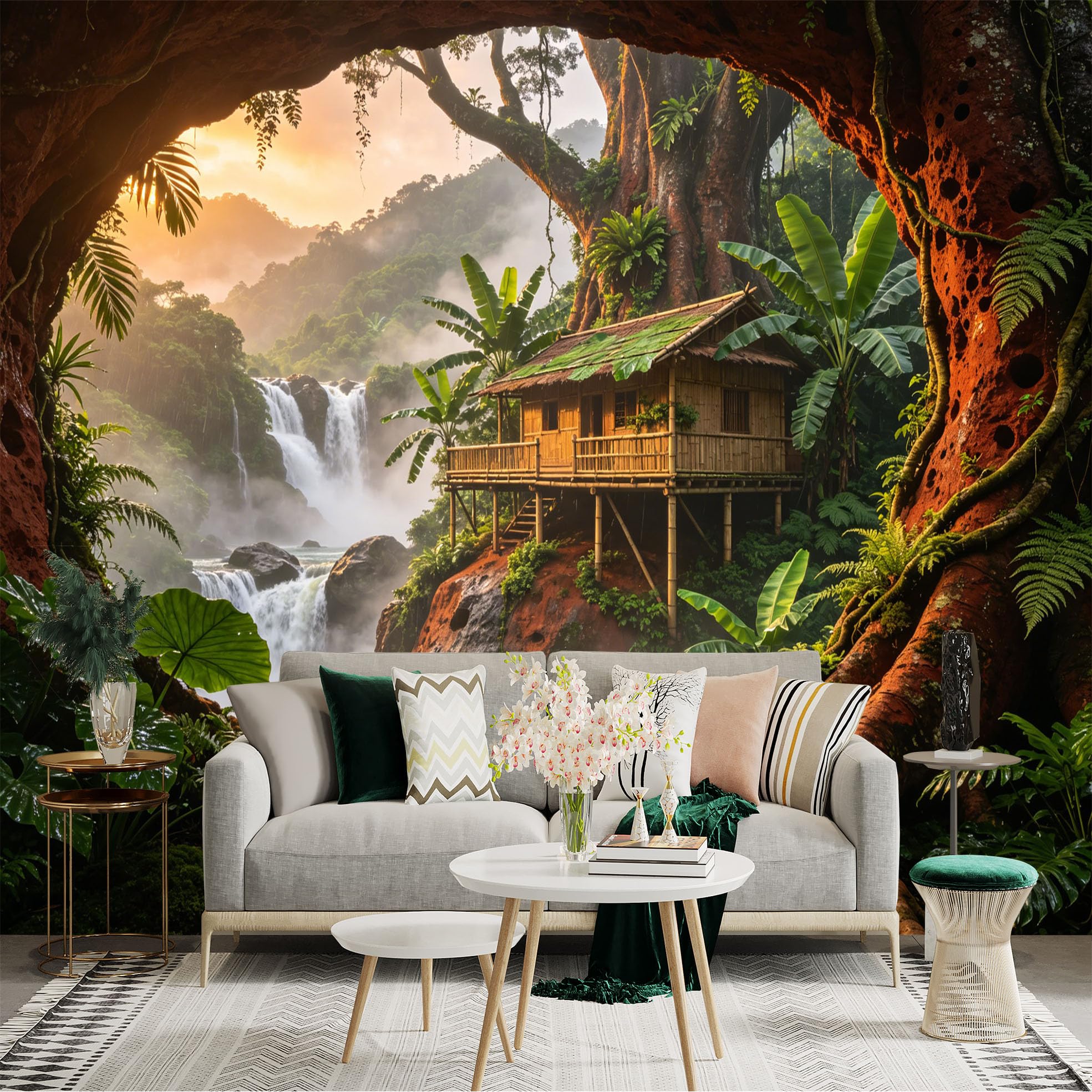 Custom Size Wall Sticker Mural， Tropical Jungle Waterfall with Bamboo House and Misty Forest， for wall Decoration， peelandstick wall Decals.