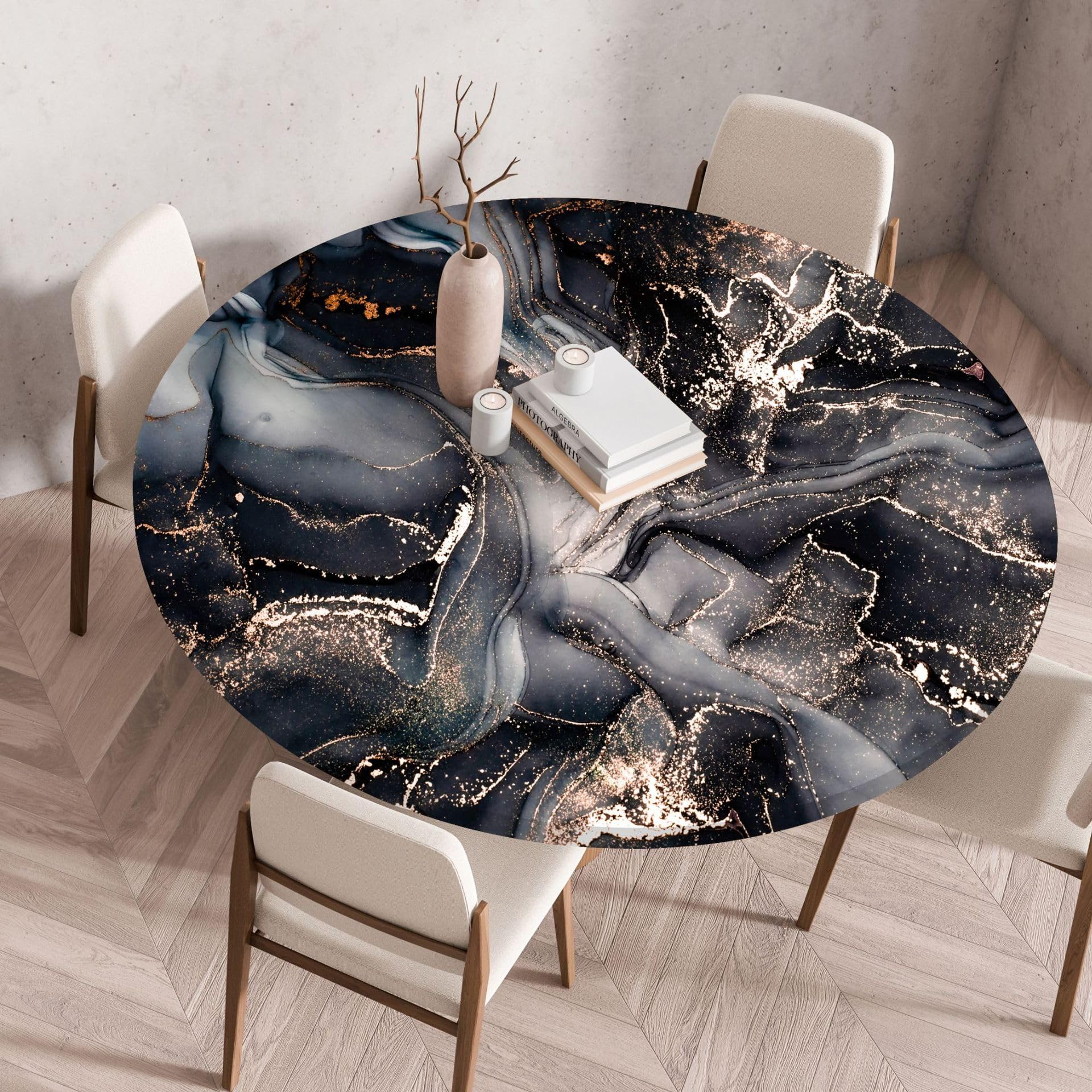 Highdi 3D Mantel Redondo con Bordes Elástica, Mantel Mesa Redonda Ajustable Protector de Mesas Redondas Manteles Antimanchas para Picnic Comedor Cocina (80cm,Mármol 1)