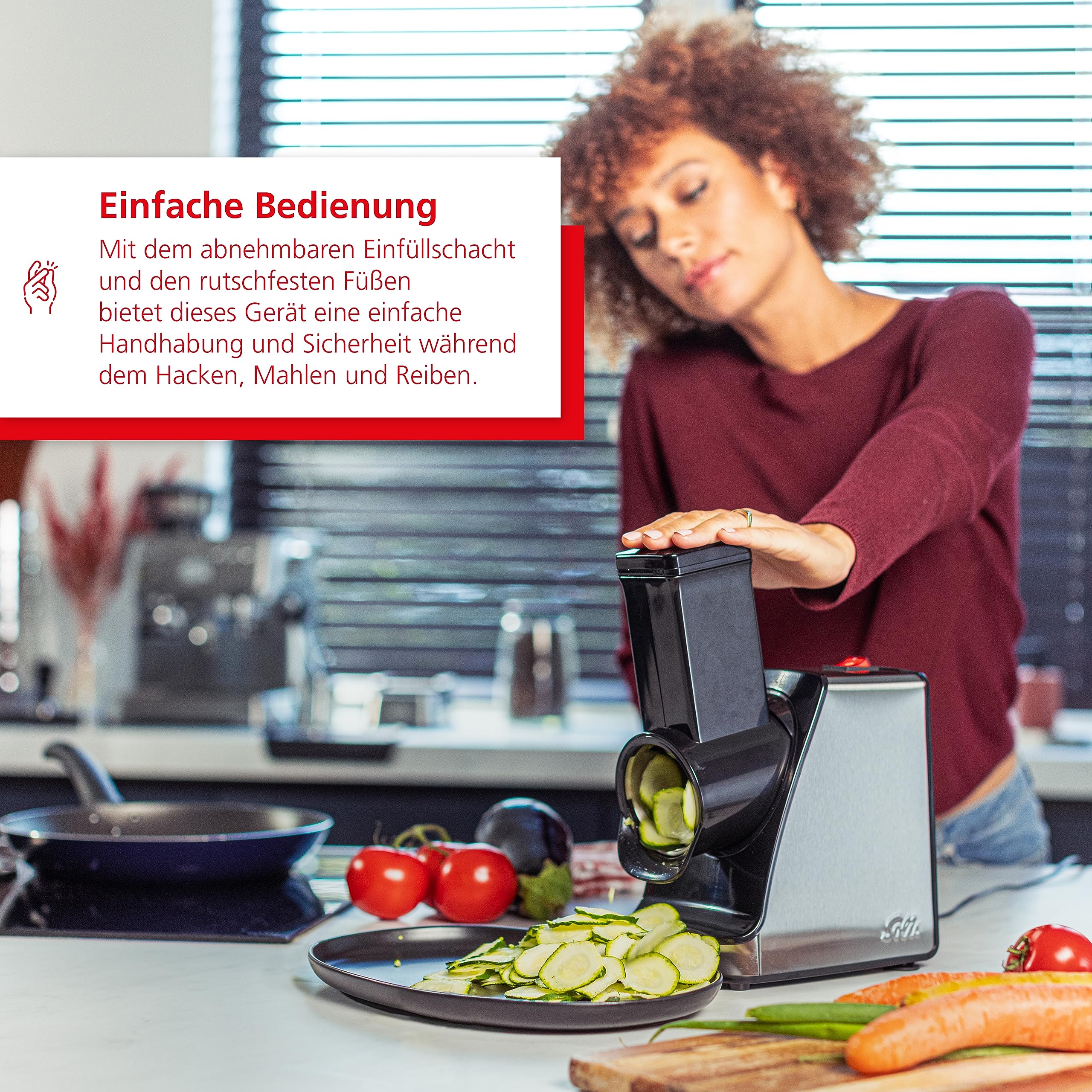 Solis Elektrischer Gemüseschneider Slice & More 8401 - Allesschneider - Spiralscheider - Multiraffel + Schneidemaschine + Gemüsereiber mit 5 Schneidetrommeln - Edelstahl/Kunststoff - 350 Watt