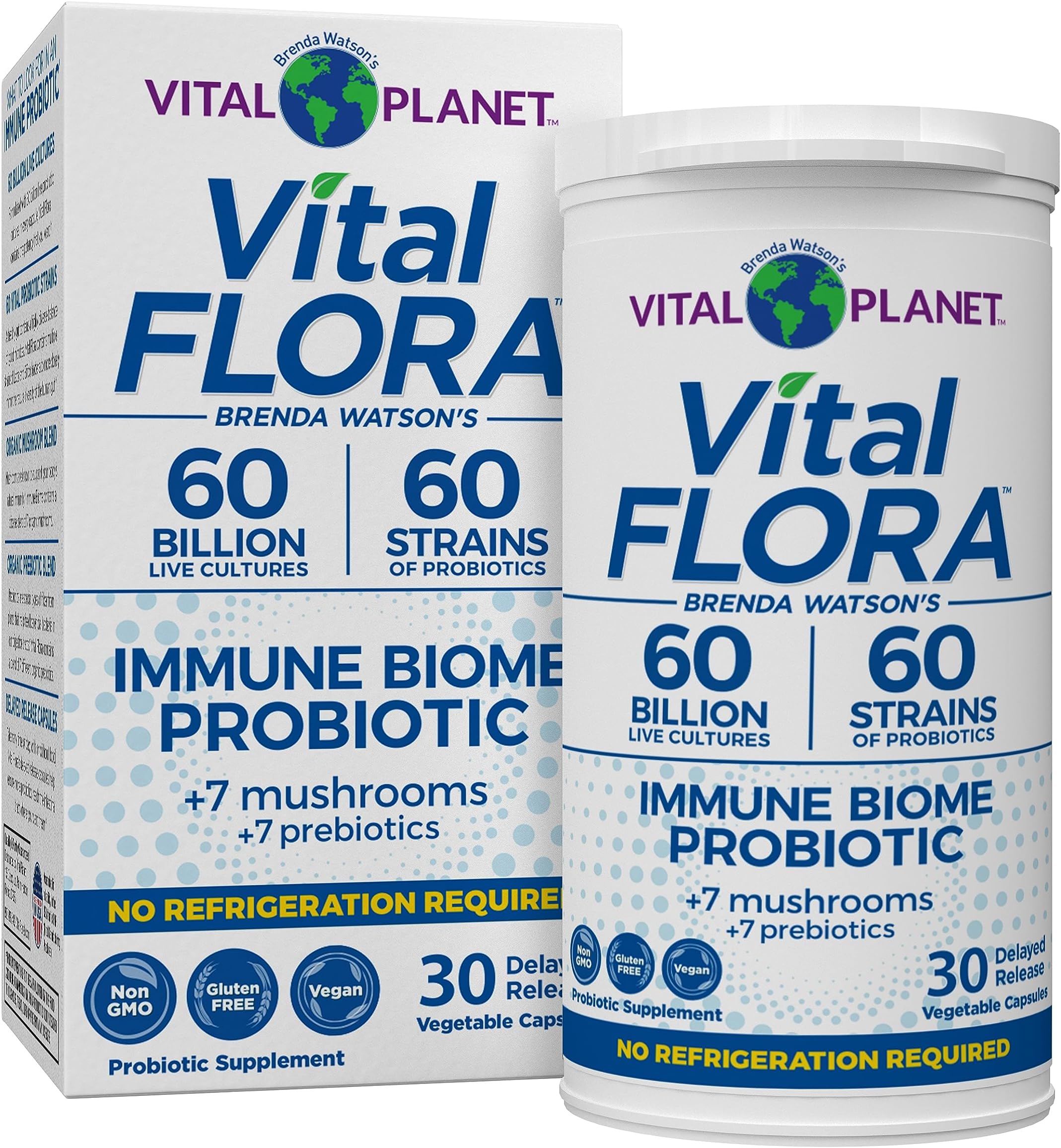 Vital Planet - Vital Flora Immune Support Probiotic, 60 Billion CFU, 60 Diverse Strains, 7 Organic Mushroom Supplement Blend with Prebiotics, Shelf Stable Digestive Health Probiotics 30 Capsules