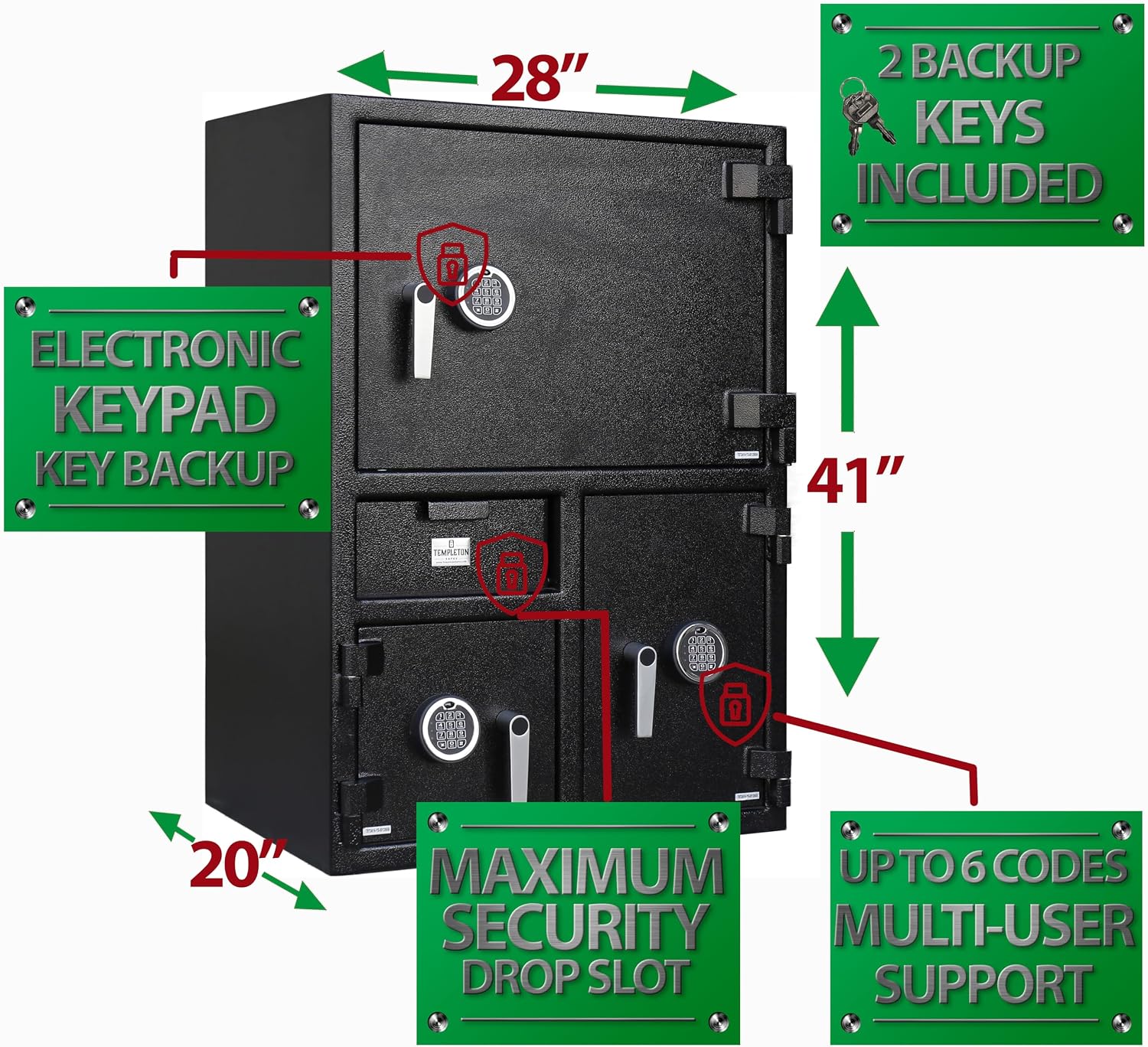 T872 Extra Large 3 Door Depository Drop Safe with Independent Locking Doors, Electronic Keypads and Backup Keys, 9.74 CBF