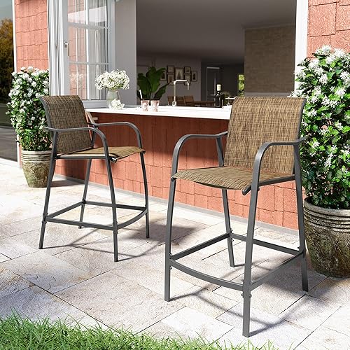 VredHom Taburetes de bar de metal para exteriores, juego de 4, sillas de bar de acero, muebles de patio ligeros con textileno, reposabrazos y