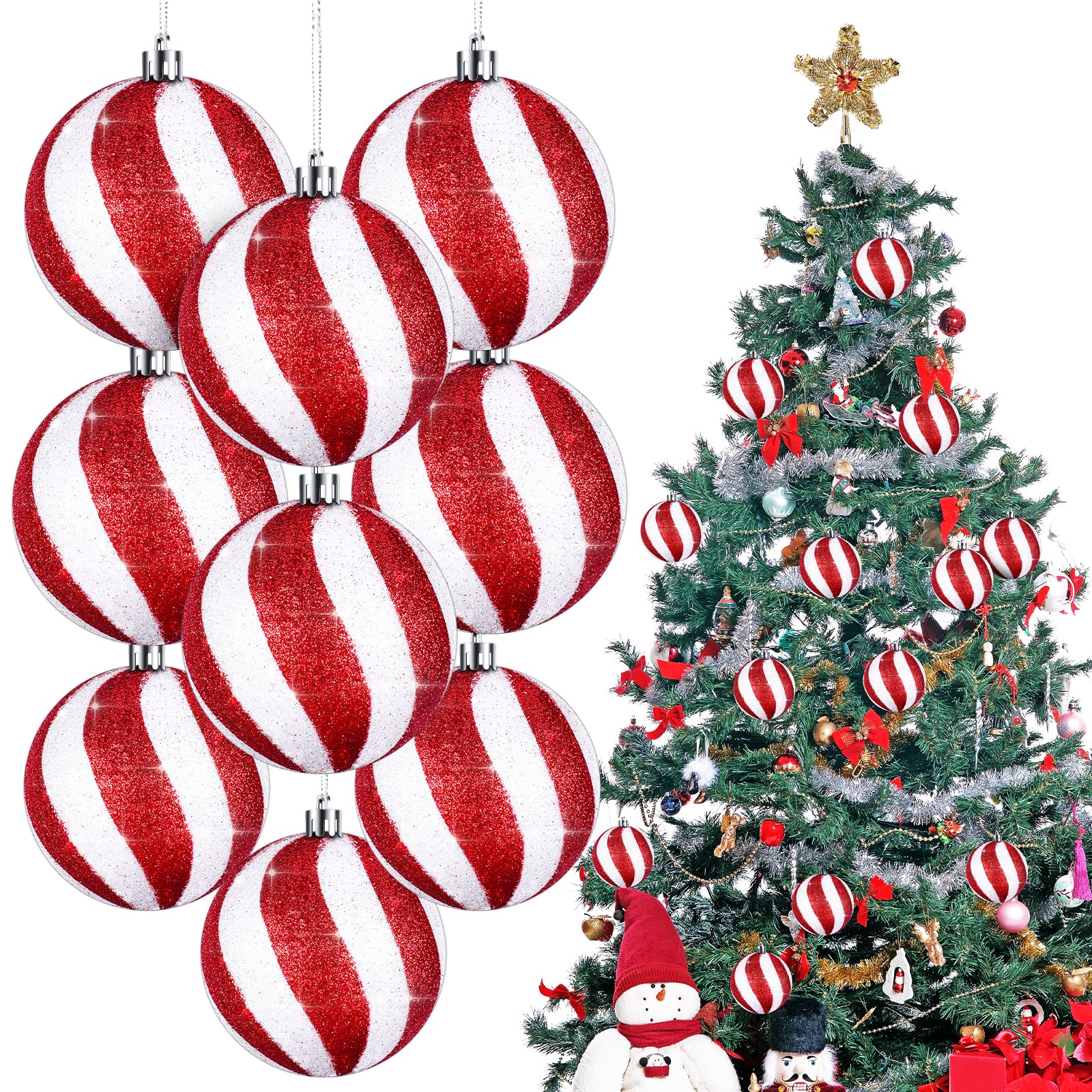 Liliful 12 bolas de Navidad de 3.15 pulgadas, adornos con brillantina, decoraciones de árbol de Navidad pintadas de plástico, adornos para decoración colgante de remolino de Navidad (blanco y rojo)
