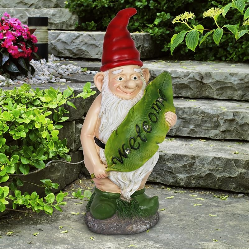 Exhart Gnomo de jardín, estatua de gnomo desnudo con hoja de bienvenida LED solar, divertida decoración al aire libre, Nolan desnudo, 6.5 x 14.5 pulgadas