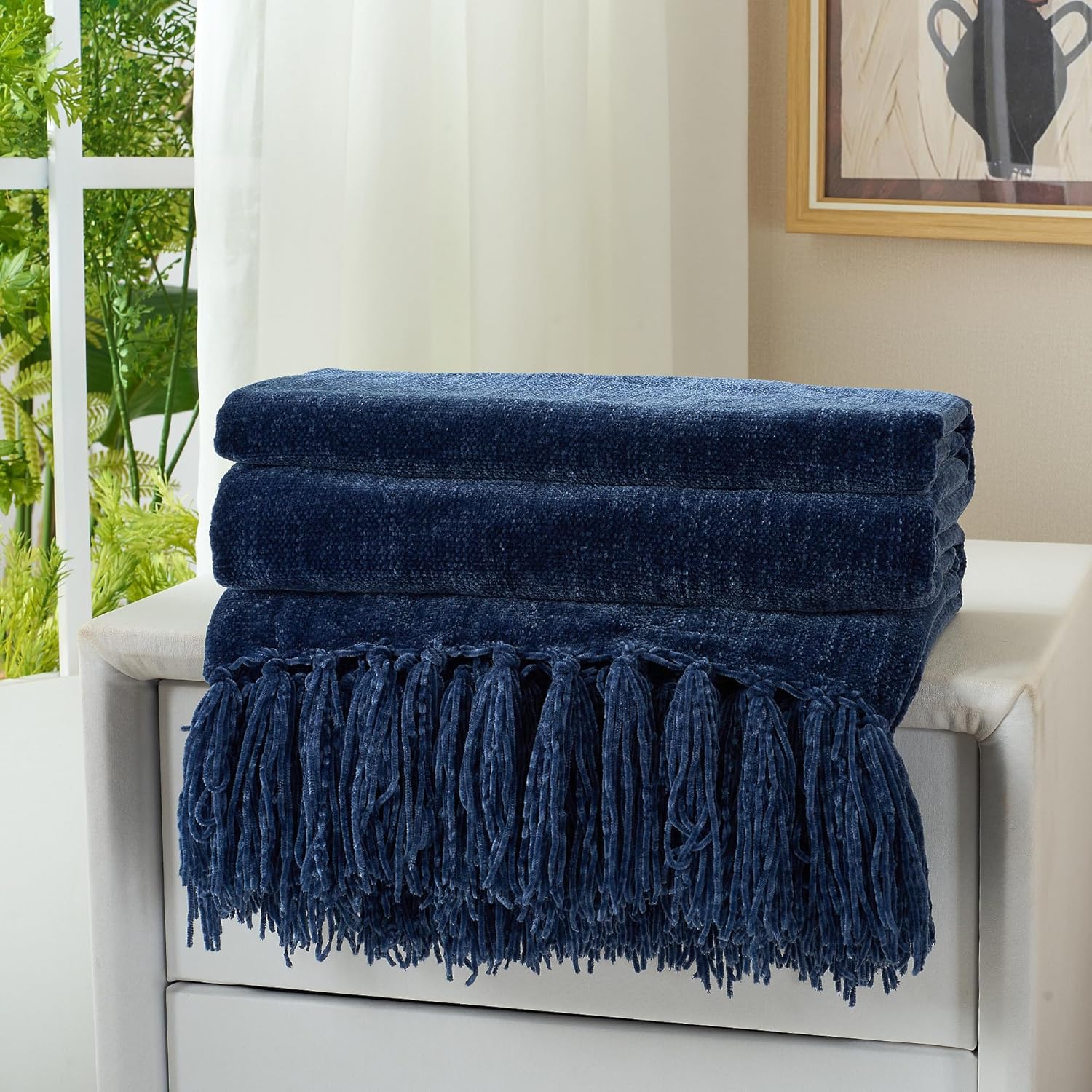 Chenille Throw Blanket for Couch with Tassels,50"X60" Soft Cozy Lightweight Knitted Boho Decorative Blankets for Bed and Sofa,Navy Blue - Image 7