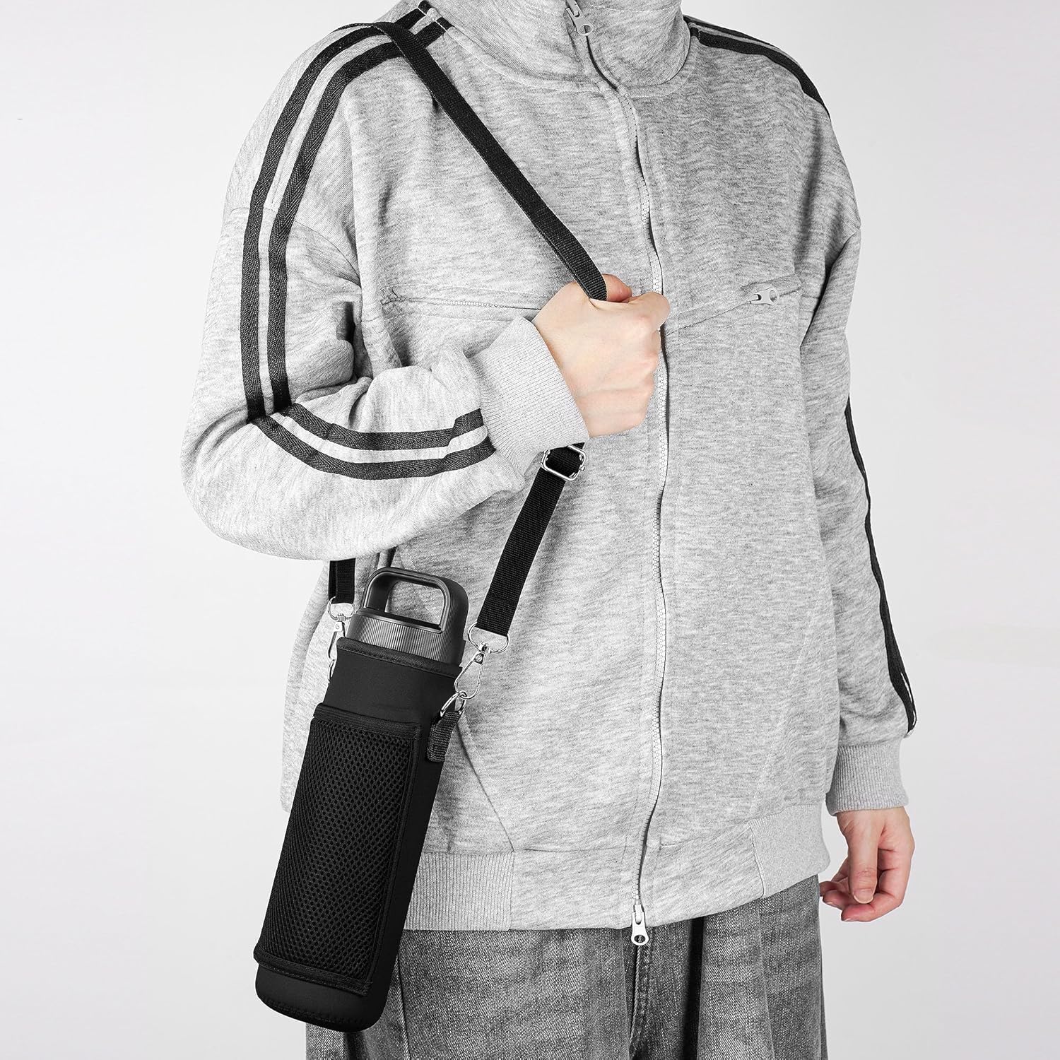 Linkidea Water Bottle Carrier with 2 Strap Compatible with YETI Rambler Bottle 26oz, Yonder 25oz, Travel Waterbottle Sling Bag Holder, Shoulder Strap with Mesh Phone Pocket (Black) - Image 5