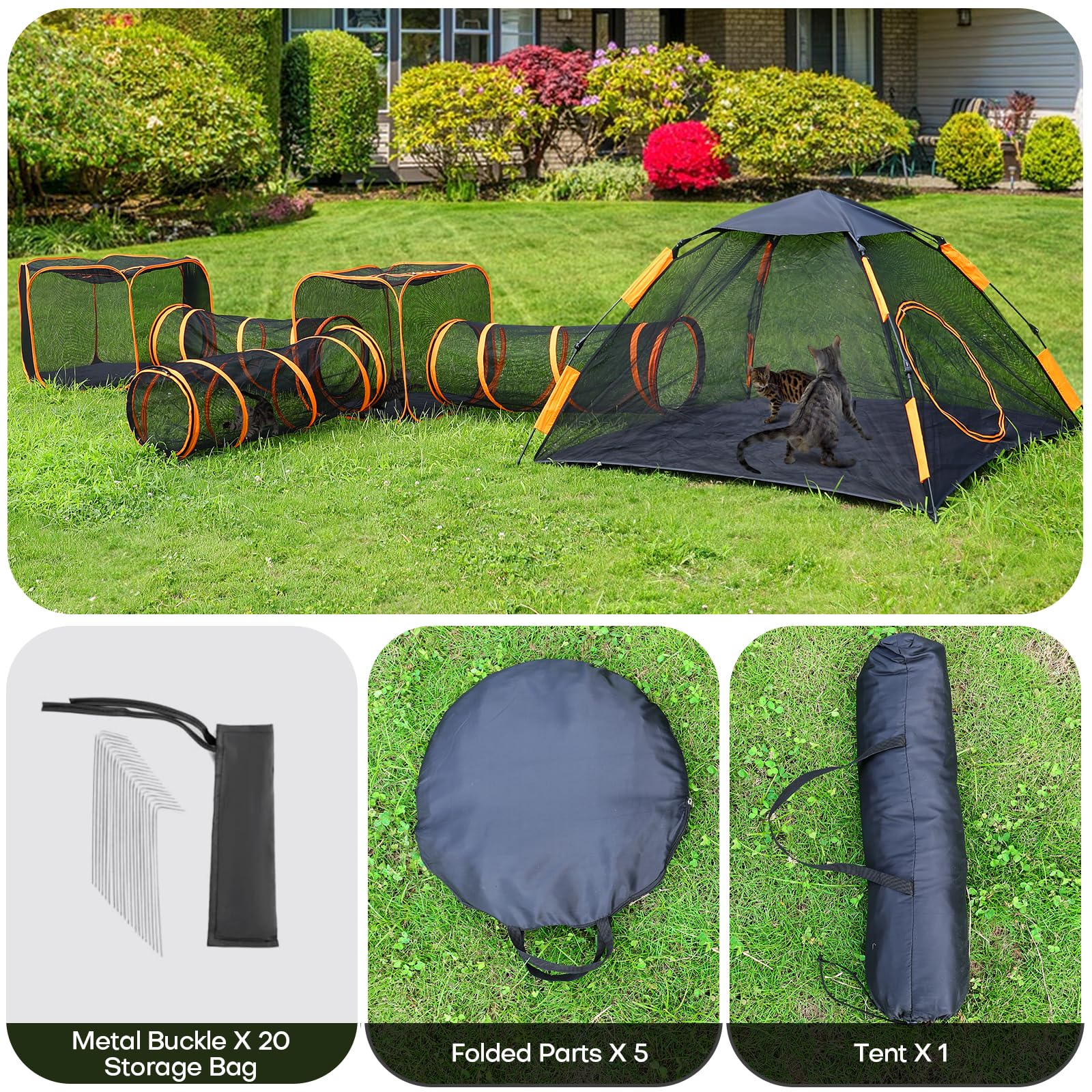 Pawtenda Parque Para Gatos Con Túnel: Tienda Hexagonal Portátil Interior/exterior, Recinto Seguro Para Gatos De Interior