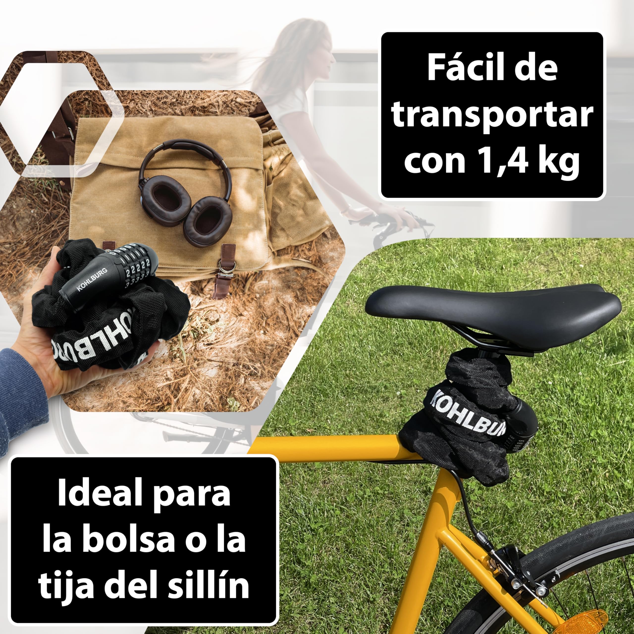 KOHLBURG Candado de combinación 200 cm, en acero especial de 6 mm, Antirrobo de bici de 2 m con código numérico, Antirrobo de cadena extra largo de 200cm, combinación numérica para e‑bike, e‑scooter
