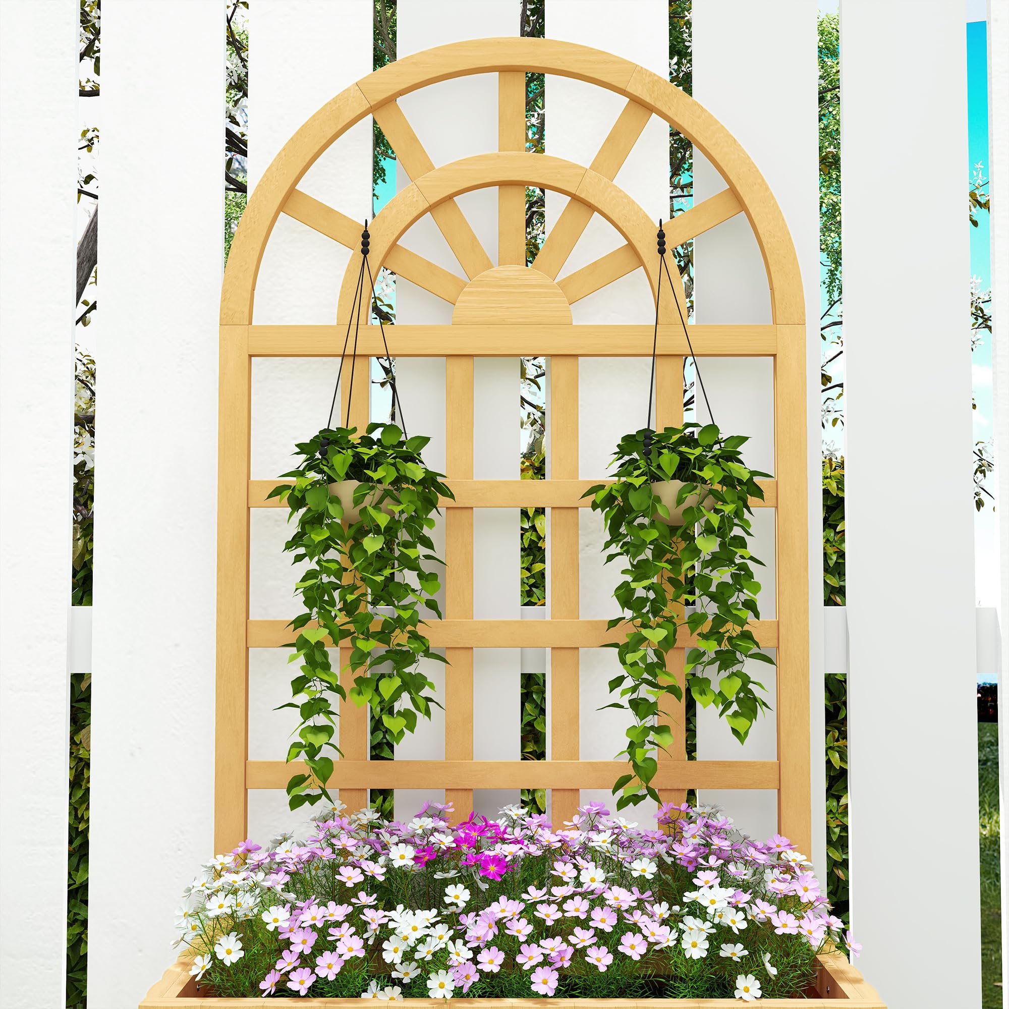 Outsunny Fioriera con griglia in legno, grande fioriera da esterno per piante rampicanti, con fori di drenaggio, vaso rialzato per giardino, patio, terrazza, 60x30x120 cm, naturale