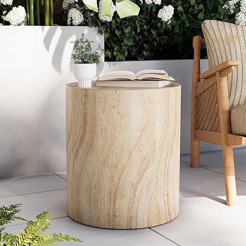 Royal Windsor Outdoor Side Table for Patio, Faux Travertine Cylindrica,
