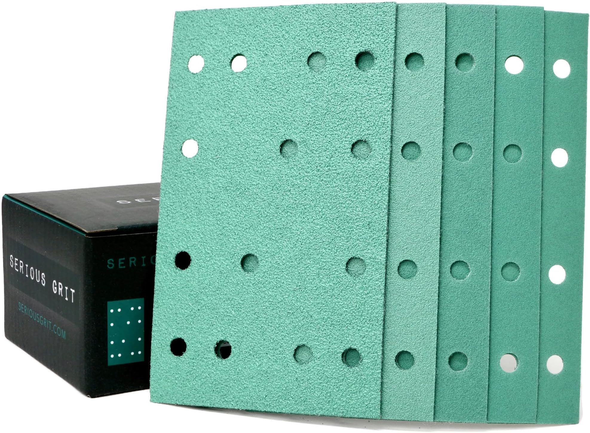 - 3" x 5" (80mm x 133mm) 14-Hole Sanding Sheet Assortment - 80, 120, 150, 180, 220 Grit (10 of Each) - Fits Festool RTS 400 & Mirka Deos 353 - Hook & Loop Sandpaper - 50 Pack Box