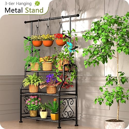 Miniatura 4 de GIOTORENT Soporte para plantas de interior, estante de metal resistente de 3 niveles para patio e interior, planta alta con capacidad para más de 14
