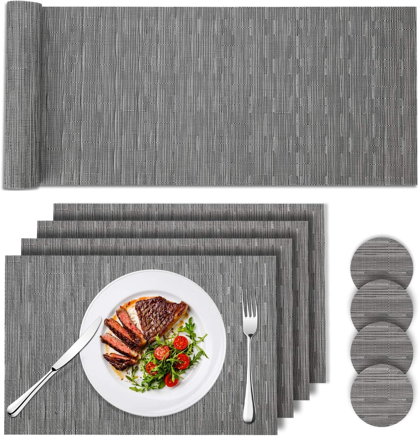 Tencoz Placemats, Table Mats Set with 4 x Placemats + 4 x Coasters + 1 x Long Table Mat Resistant Table Place Mats and Coaster Sets for Home Restaurant (Silver Gray)
