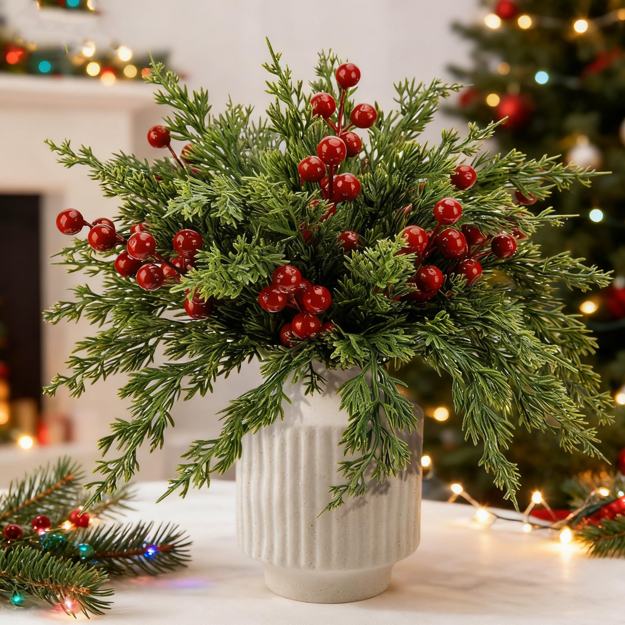 Lifegogo Green Red 45Pcs Evergreen Faux Pine Stems: 10.5Inch Norfolk Pine Branches With Red Berry For Christmas Diy Craft Garland Home Decor