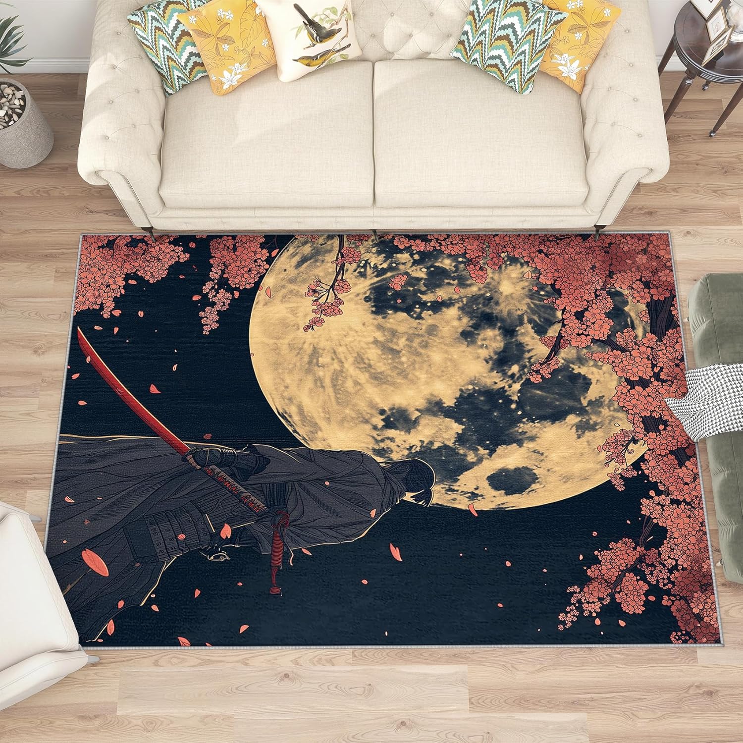 2x3 Rug, Japanese Door Mat, Samurai Rug, Cherry Blossom Full Moon Rugs for Entryway, Washable & Non Slip Small Carpet, Indoor Doormat, Japanese Home Decor & Gifts