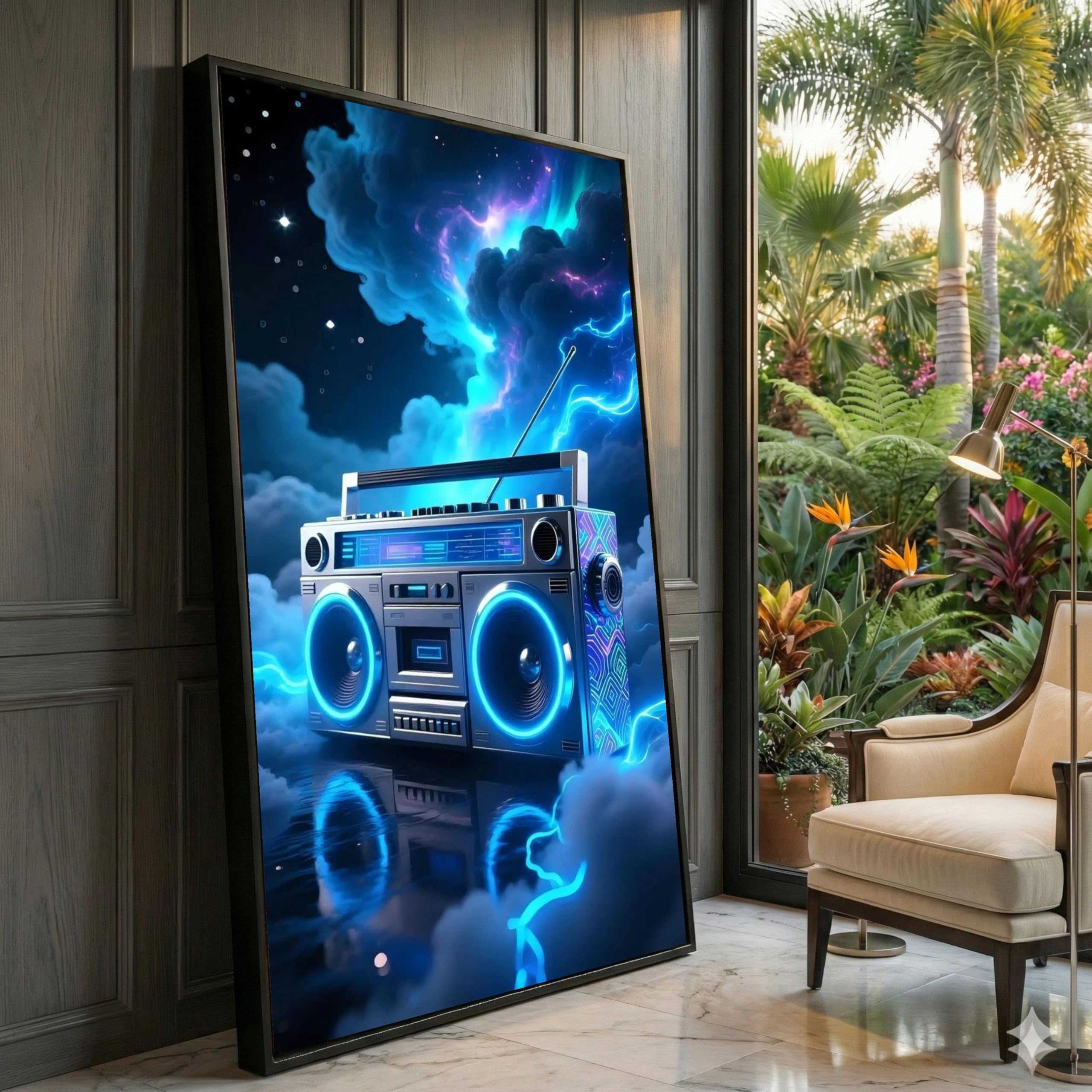 XINBAO Retro Boombox Canvas Wall Art, Neon Blue Glow, Vintage Music Speaker Print, 80s Style Home Decor, Electric Canvas Print(80x150cm/Frameless)