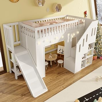 Solid Wood Bunk Bed with Slide&LED Lighting&Storage Stairs&Shelves, 3FT Single High Sleeper Bunk Beds Children's Bed with Guardrail&Slats, Multifunctional Loft Bed Frame for Kids Teens Adults, White