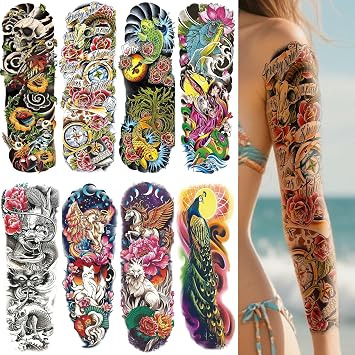 VERKSTAD 8 Sheets Full Arm Temporary Tattoos for Women Adults, Temp Skull Dragon Tattoos Sleeve For Men, Waterproof Body Arm Chest Shoulder Flower Fox Peacock Fake Tattoo Stickers Animal