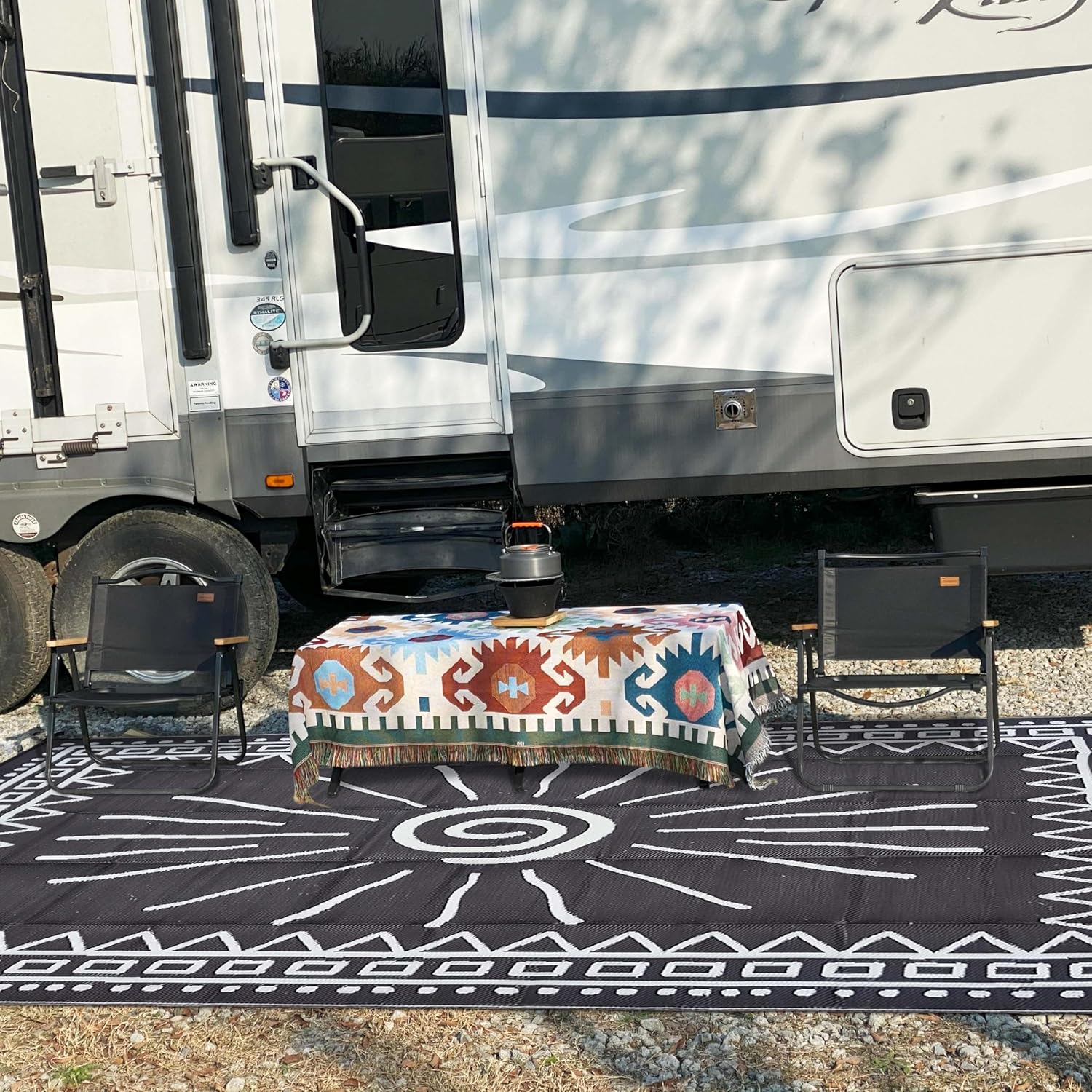 RV Outdoor Rug, 9' × 12' Plastic Straw Waterproof Rugs Lightweight Reversible RV Mat Outdoor Patio Rug with Storage Bag for Outside Camper Under Awning Backyard, Sun Print