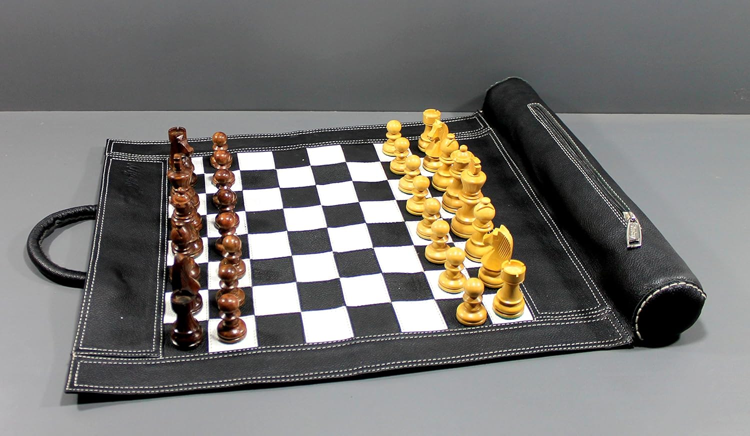 StonKraft 19" x 15" (Chess Board Size 12" x 12") Genuine Roll-Up Leather Chess Set - With Wooden Chess Pieces - Black Colour - Image 3