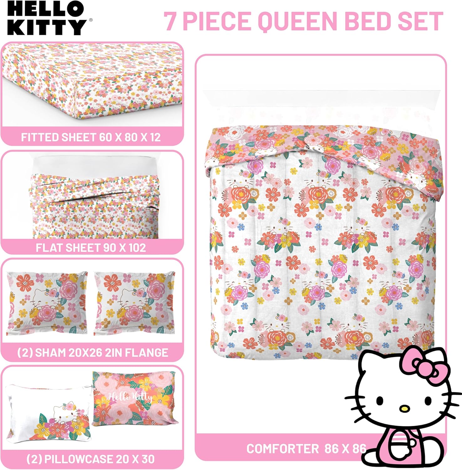 Jay Franco Hello Kitty Queen Size Comforter Set - 7 Piece Bedding Includes Sheet Set & Pillow Covers - Super Soft Floral Bedding - Image 3