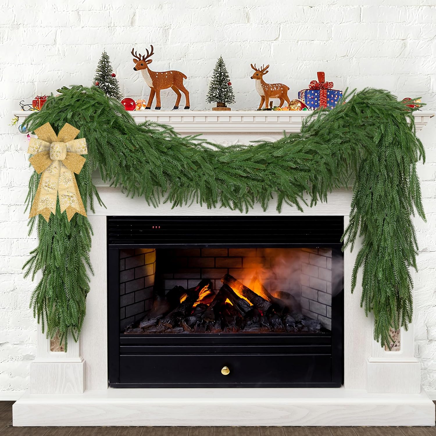Palonu 1Pcs 9Ft Artificial Norfolk Garland, Faux Christmas Greenery Touched Like Real Needles Pine, Decoration for Table Mantle Wall Porch Fireplace Indoor Outdoor Winter Holiday Décor