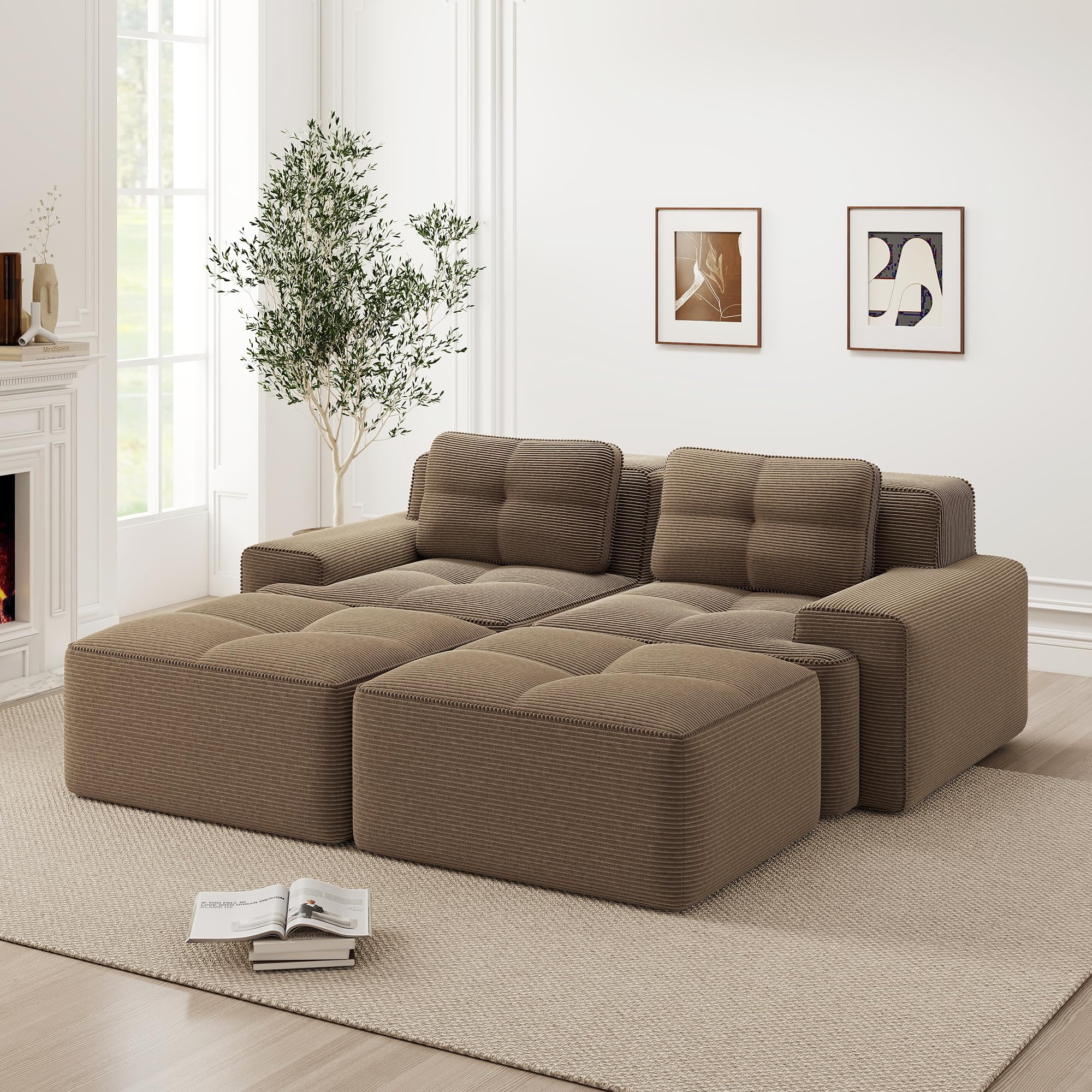 Divano modulare compresso 204 cm, divano a 2 posti con 2 pouf e 2 cuscini, comodo divano disossato in velluto a coste, divano ad angolo/divano letto per soggiorno