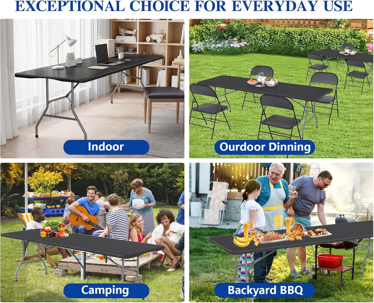 8FT Black Folding Table for Outdoor, 8 Foot Picnic Tables No Assembly Required Portable, Black Foldable Table for Camping, Parties, Meeting, Events, Wedding, BBQ, with Carrying Handle