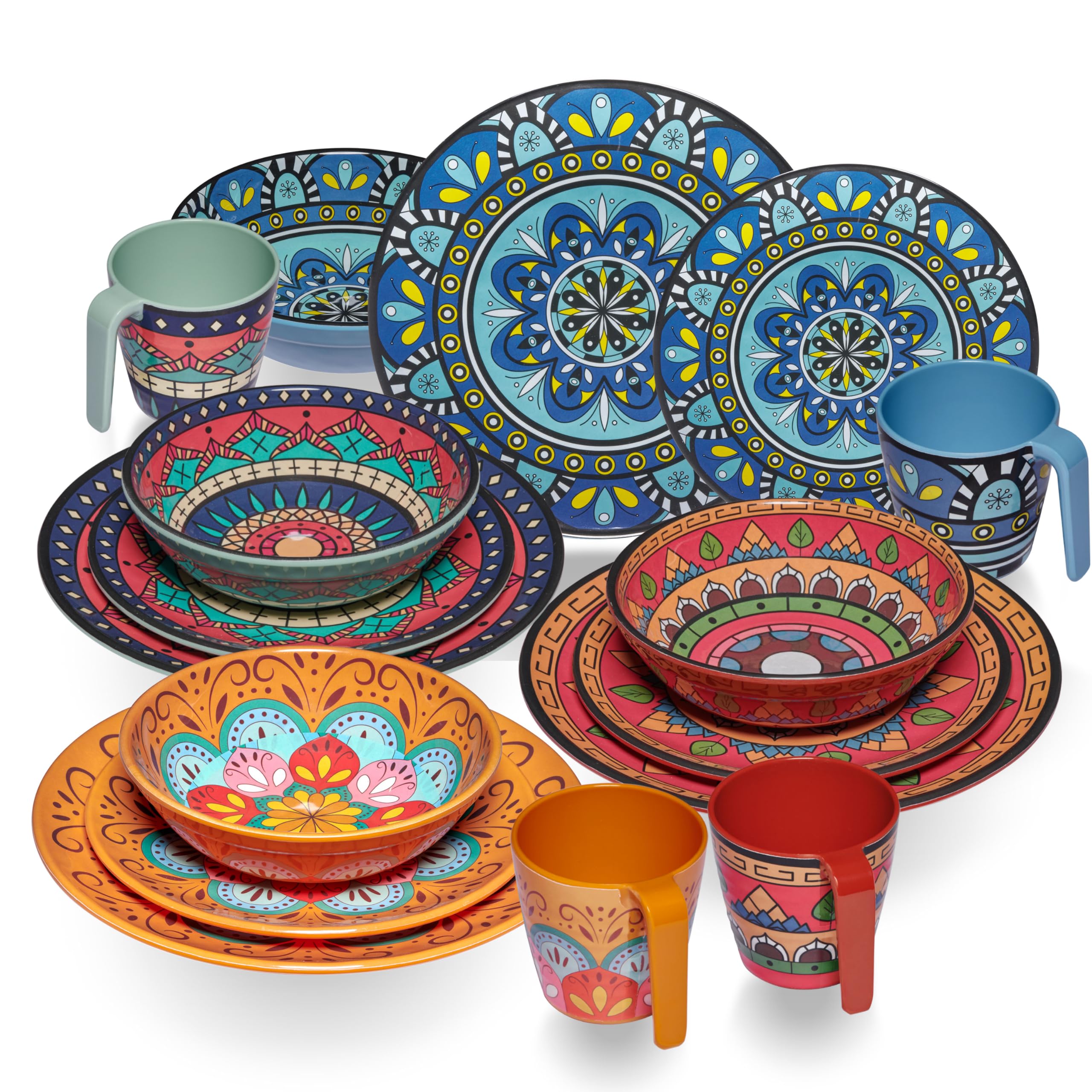 Juego de vajilla de melamina Toscana para 4 personas, multicolor, aspecto mandala, apto para lavavajillas, utensilios de camping, camping, camping, festivales, pícnic, fiesta en el jardín