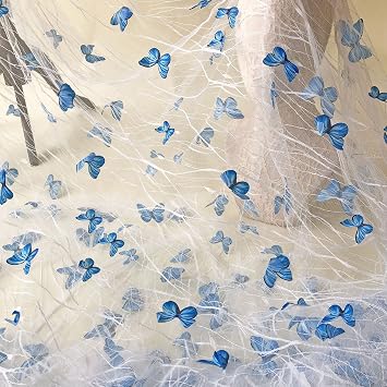 Blue Butterfly Lace Fabric by Yard 3D Flying Butterflies White Lace Tulle for Party Fairy Costumes