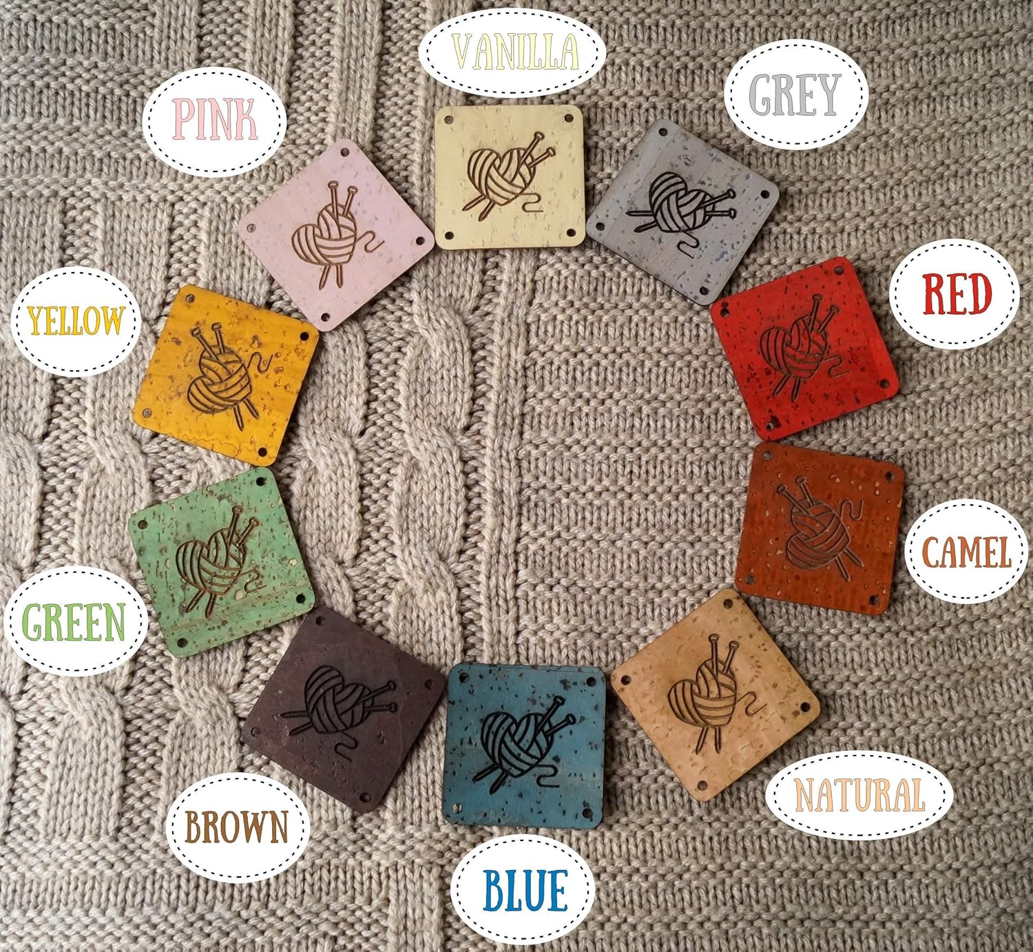 Personalized cork leather labels with logo, material, care instructions, custom labels, leather tags, knitting labels, label tags, set of 25